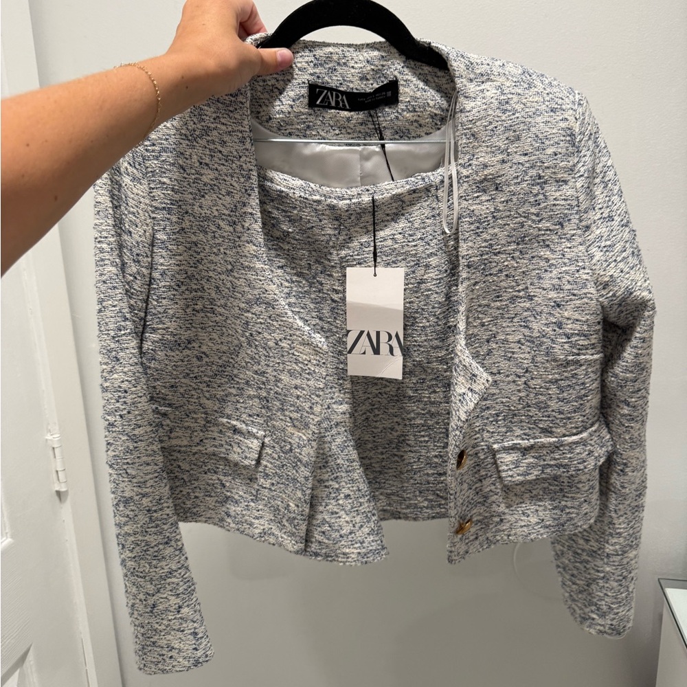 Zara Women's Textured Blue and White Blazer and Shorts Set